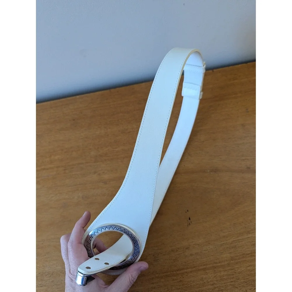 Vintage Y2K‎ White Leather Belt Silver Big Circle Belt Festival Western